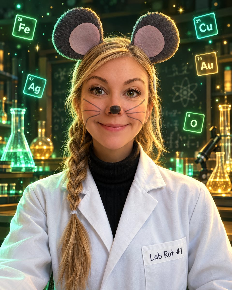 Stylized 3D portrait of the teacher in a white lab coat with mouse ears and whiskers, wearing a 'Lab Rat #1' name tag, in a glowing green science lab